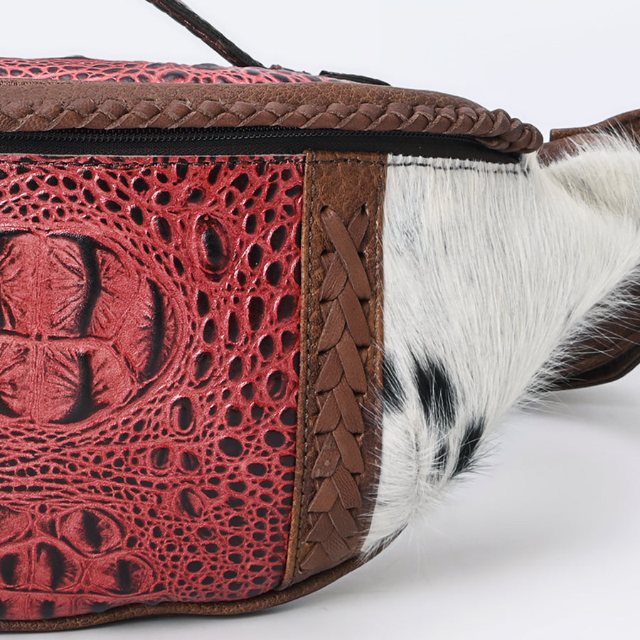 American Darling Western Leather Fanny Pack with Hair-On Cowhide, Crocodile Embossed Detail & Adjustable Strap – Genuine Leather