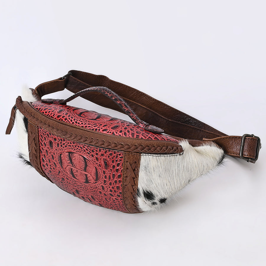American Darling Western Leather Fanny Pack with Hair-On Cowhide, Crocodile Embossed Detail & Adjustable Strap – Genuine Leather