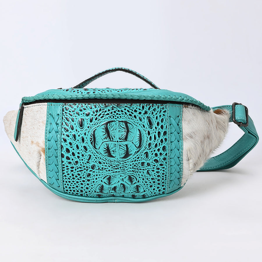 American Darling Western Leather Fanny Pack with Hair-On Cowhide, Crocodile Embossed Detail & Adjustable Strap – Genuine Leather
