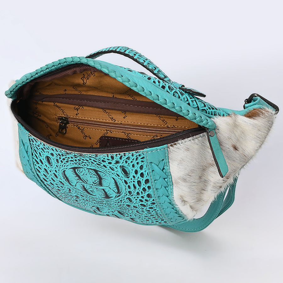 American Darling Western Leather Fanny Pack with Hair-On Cowhide, Crocodile Embossed Detail & Adjustable Strap – Genuine Leather