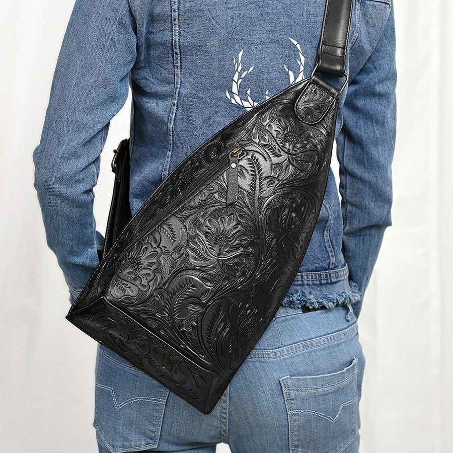 American Darling Hand-Tooled Western Leather Sling Bag – Genuine Leather Floral Carved Sling Crossbody with Adjustable Strap