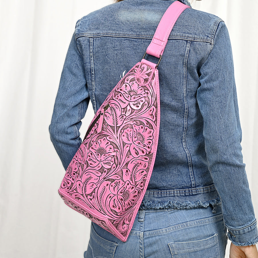 American Darling Hand-Tooled Western Leather Sling Bag – Genuine Leather Floral Carved Sling Crossbody with Adjustable Strap
