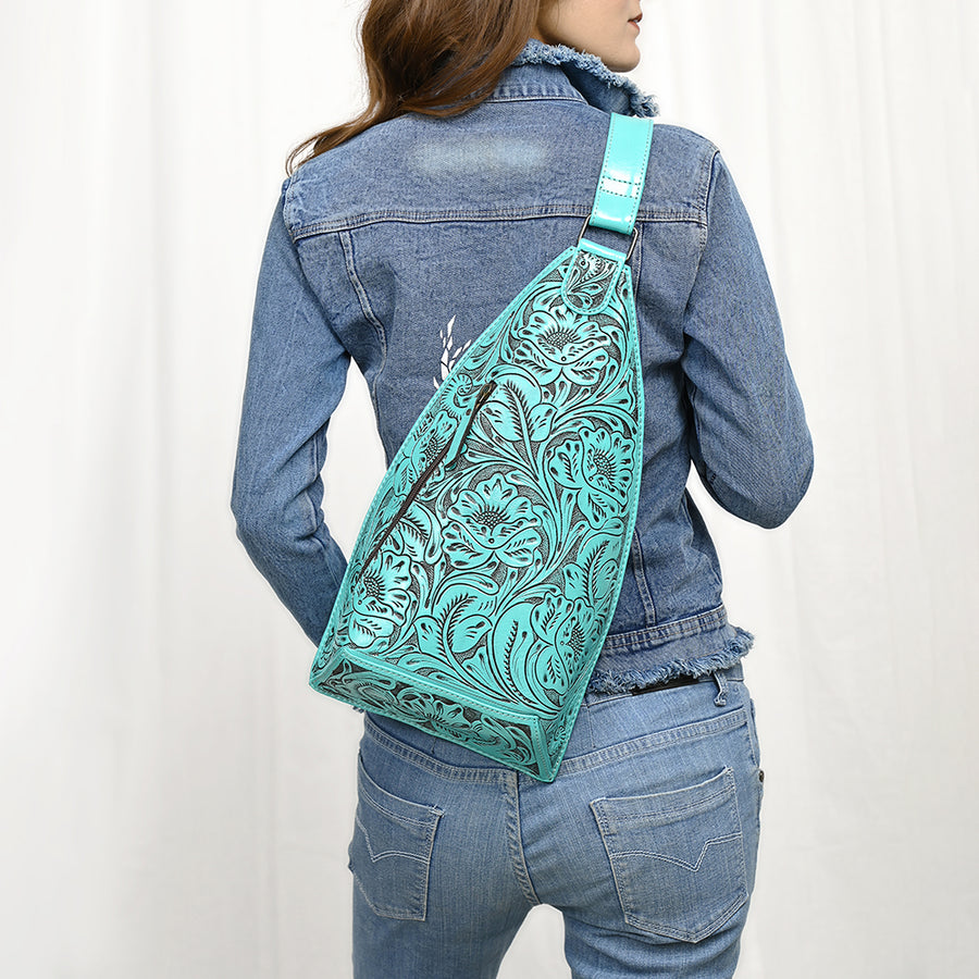 American Darling Hand-Tooled Western Leather Sling Bag – Genuine Leather Floral Carved Sling Crossbody with Adjustable Strap
