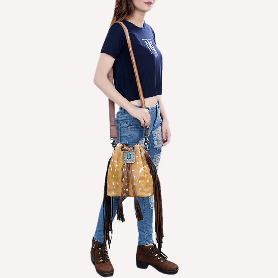 American Darling Western Bucket Bag Handcrafted from Hair-On Cowhide | Fringe Detail & Concho Accent