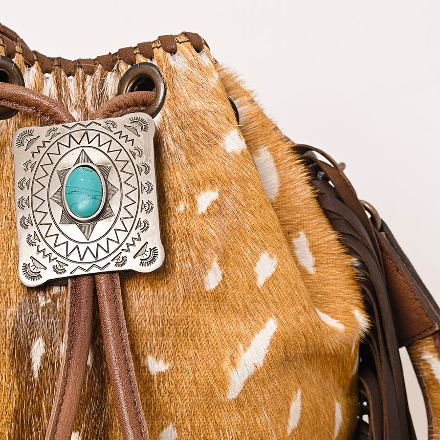 American Darling Western Bucket Bag Handcrafted from Hair-On Cowhide | Fringe Detail & Concho Accent