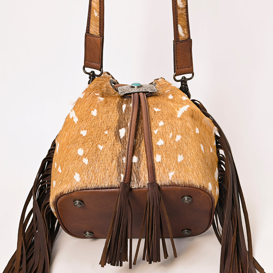 American Darling Western Bucket Bag Handcrafted from Hair-On Cowhide | Fringe Detail & Concho Accent