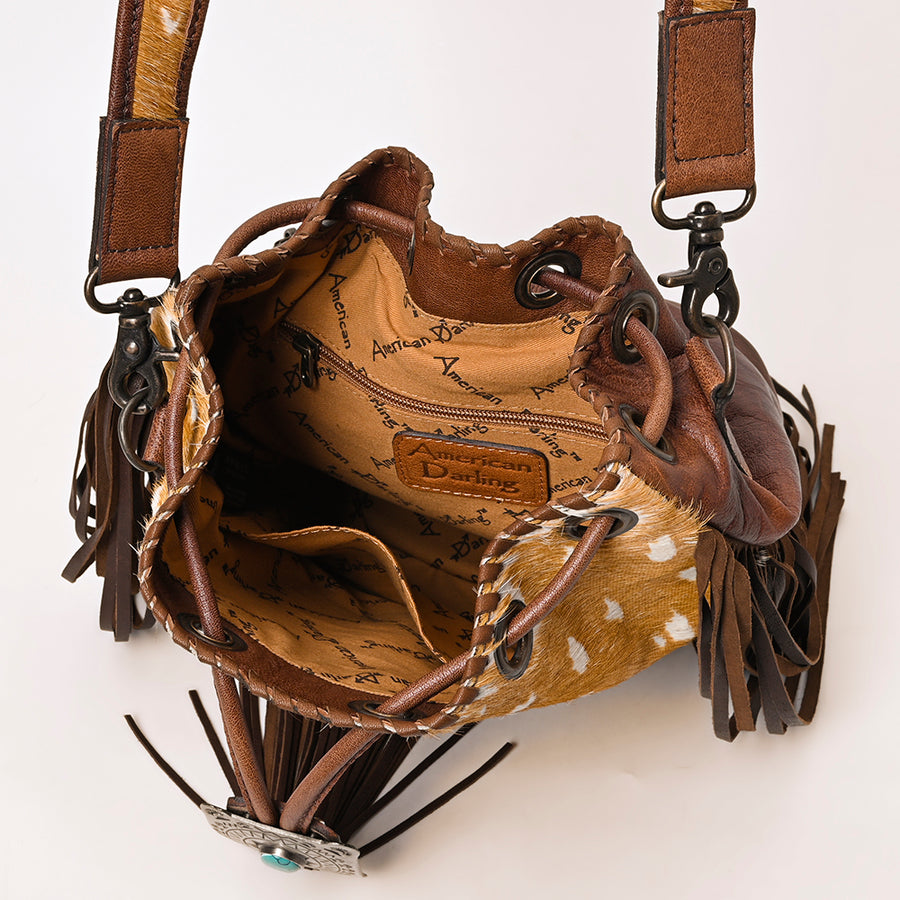 American Darling Western Bucket Bag Handcrafted from Hair-On Cowhide | Fringe Detail & Concho Accent