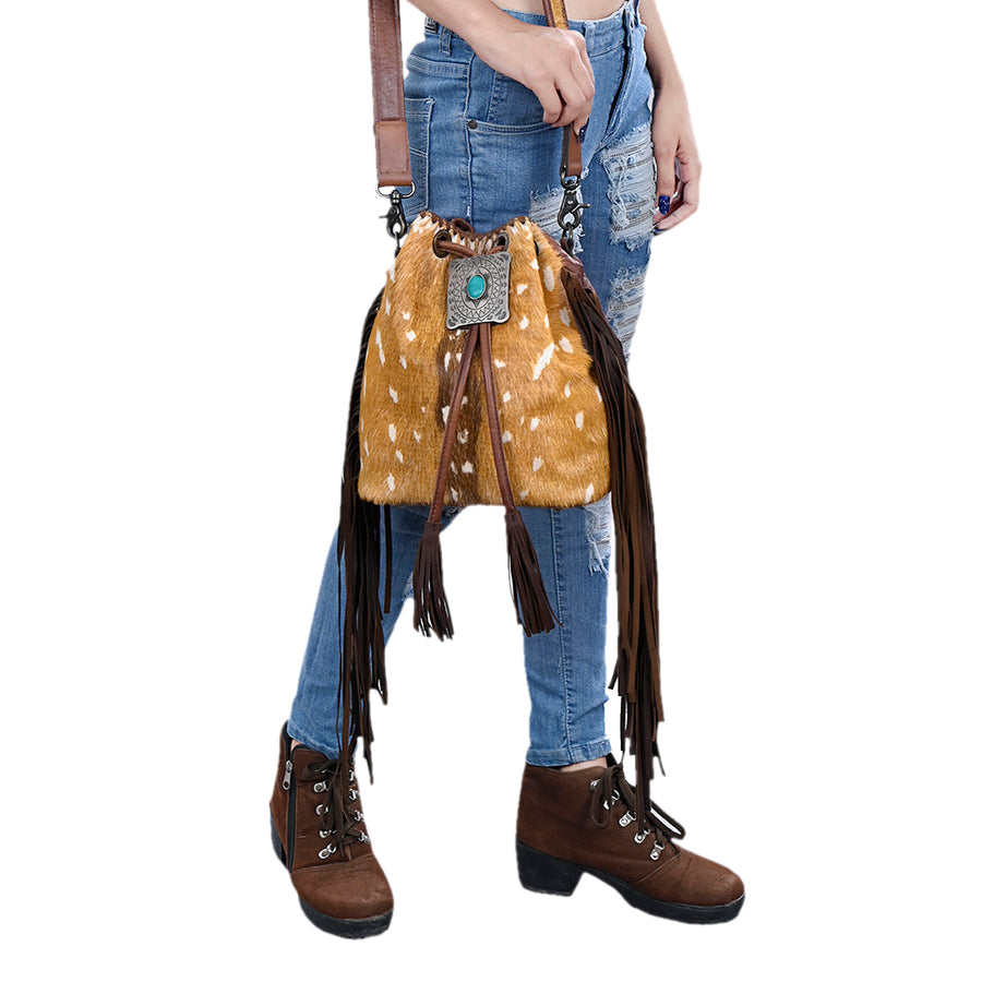 American Darling Western Bucket Bag Handcrafted from Hair-On Cowhide | Fringe Detail & Concho Accent