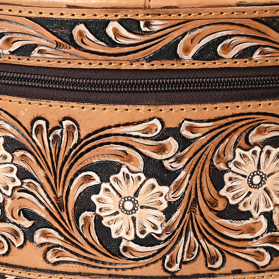 American Darling Hand Tooled Floral Carved Leather Jewelry Case Vegetable-Tanned Genuine Leather YKK Zipper Western Storage