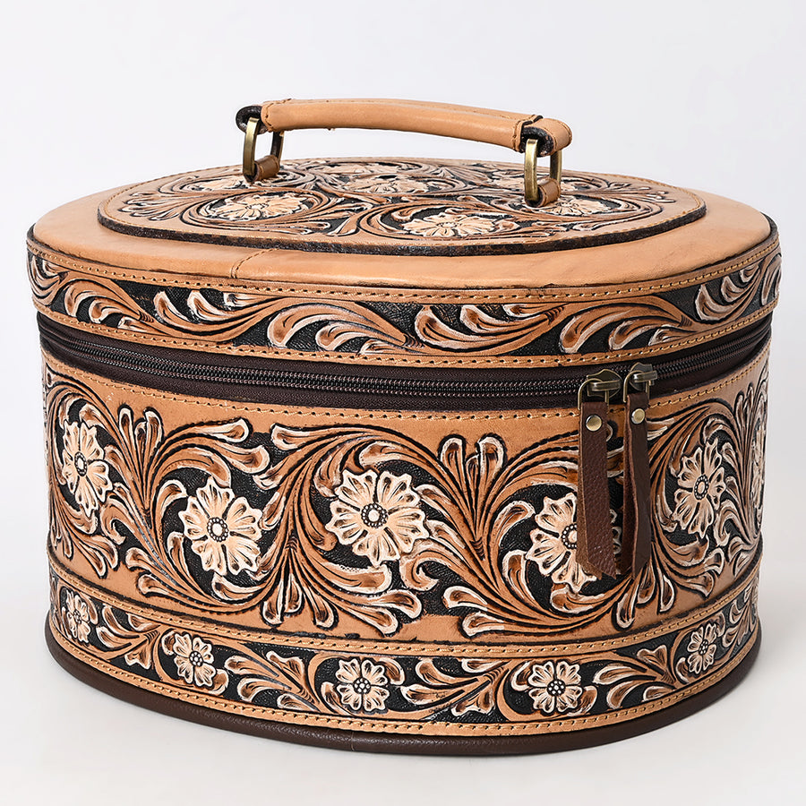 American Darling Hand Tooled Floral Carved Leather Jewelry Case Vegetable-Tanned Genuine Leather YKK Zipper Western Storage