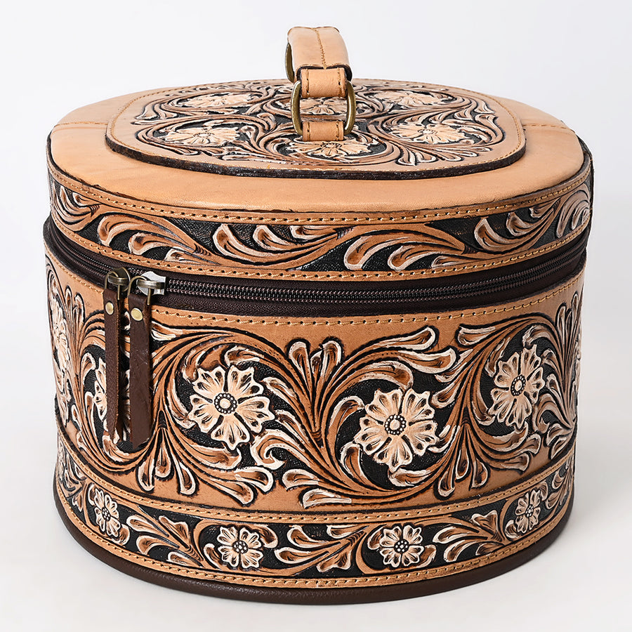 American Darling Hand Tooled Floral Carved Leather Jewelry Case Vegetable-Tanned Genuine Leather YKK Zipper Western Storage