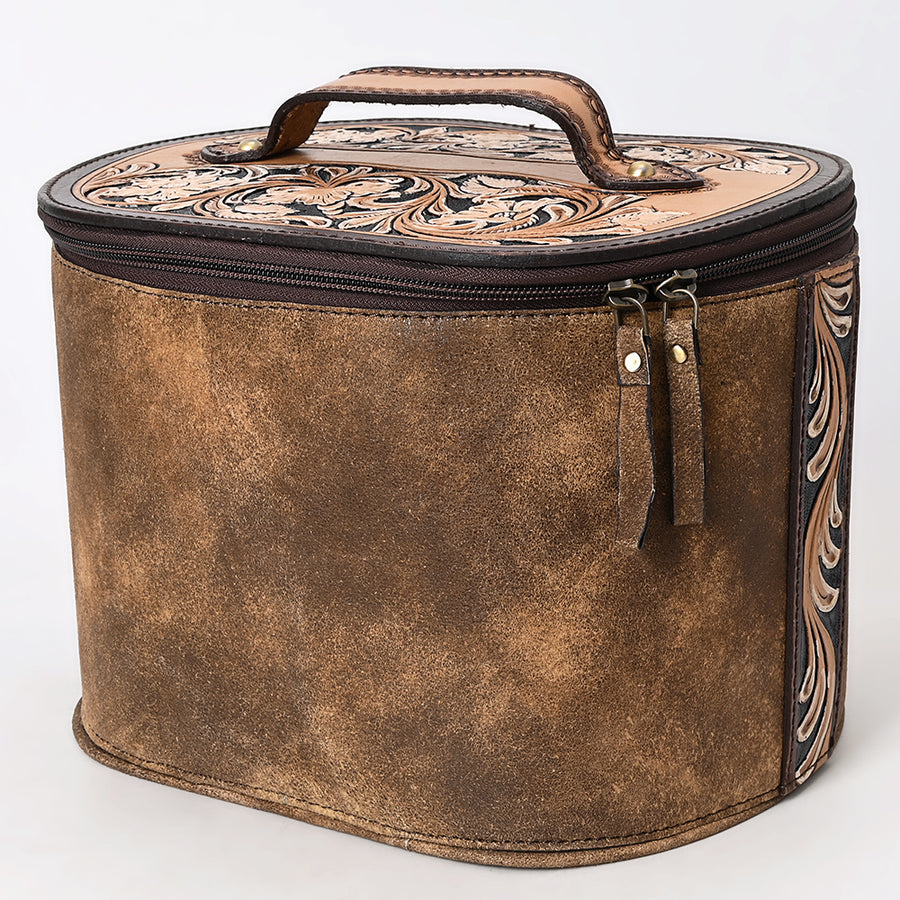 American Darling Hand Tooled Floral Carved Leather Jewelry Case Vegetable-Tanned Genuine Leather YKK Zipper Western Accessory