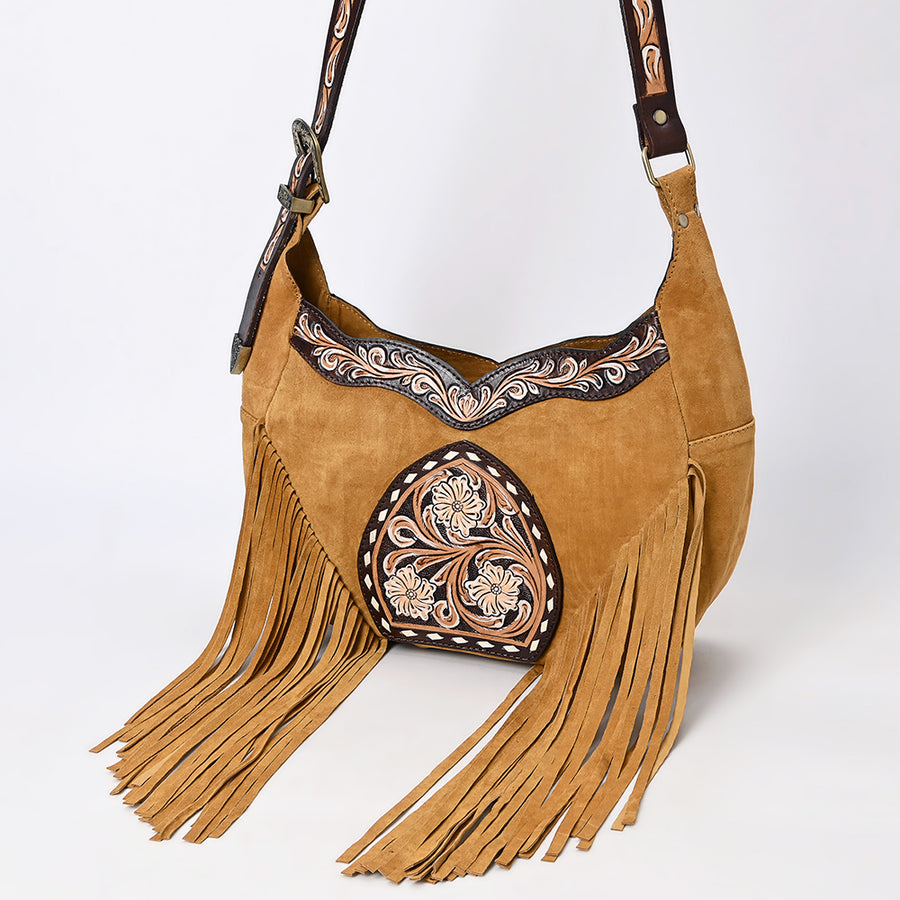 American Darling Genuine Leather Fringed Hobo Bag Hand Tooled Floral Carved - Uhorse