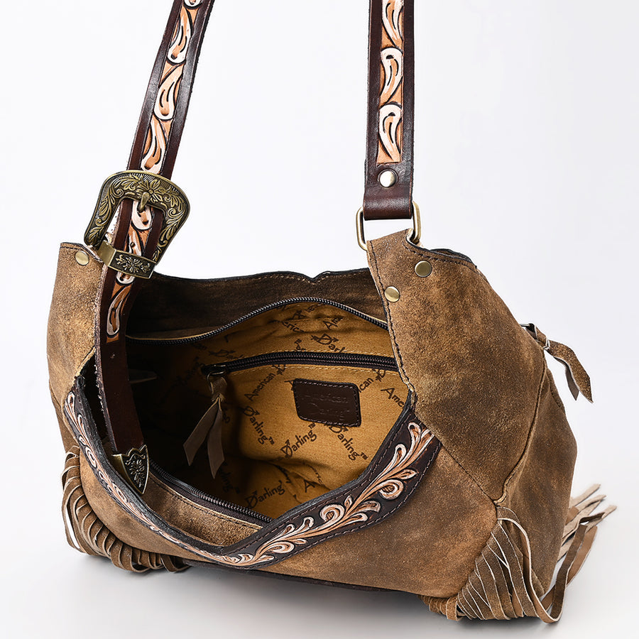 American Darling Fringed Hobo Bag Genuine Leather Hand Tooled Floral Carved Buck Stitched Western Purse YKK Zipper