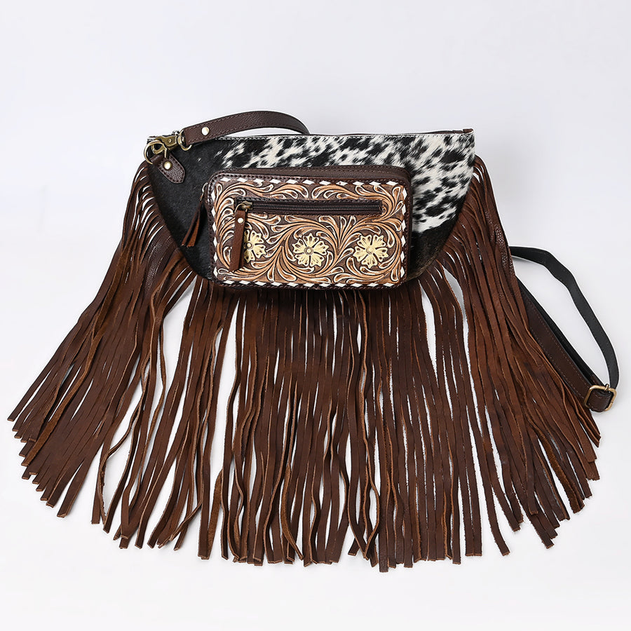 American Darling Fringed Hand Tooled Floral Carved Hair-On Cowhide Fanny Pack Eco-Friendly Genuine Leather Western Crossbody