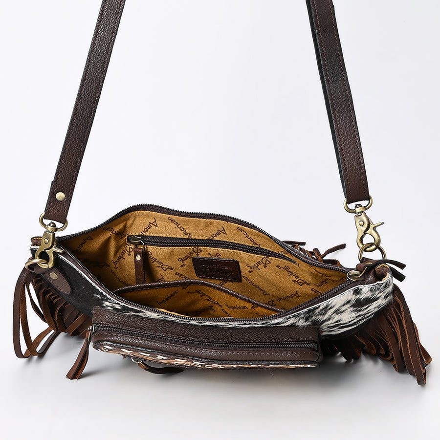 American Darling Fringed Hand Tooled Floral Carved Hair-On Cowhide Fanny Pack Eco-Friendly Genuine Leather Western Crossbody