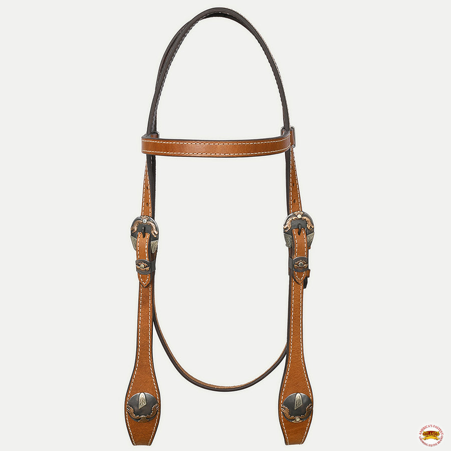 Hilason Western Horse Genuine Leather Headstall Bridle Engraved German Silver Concho Chestnut