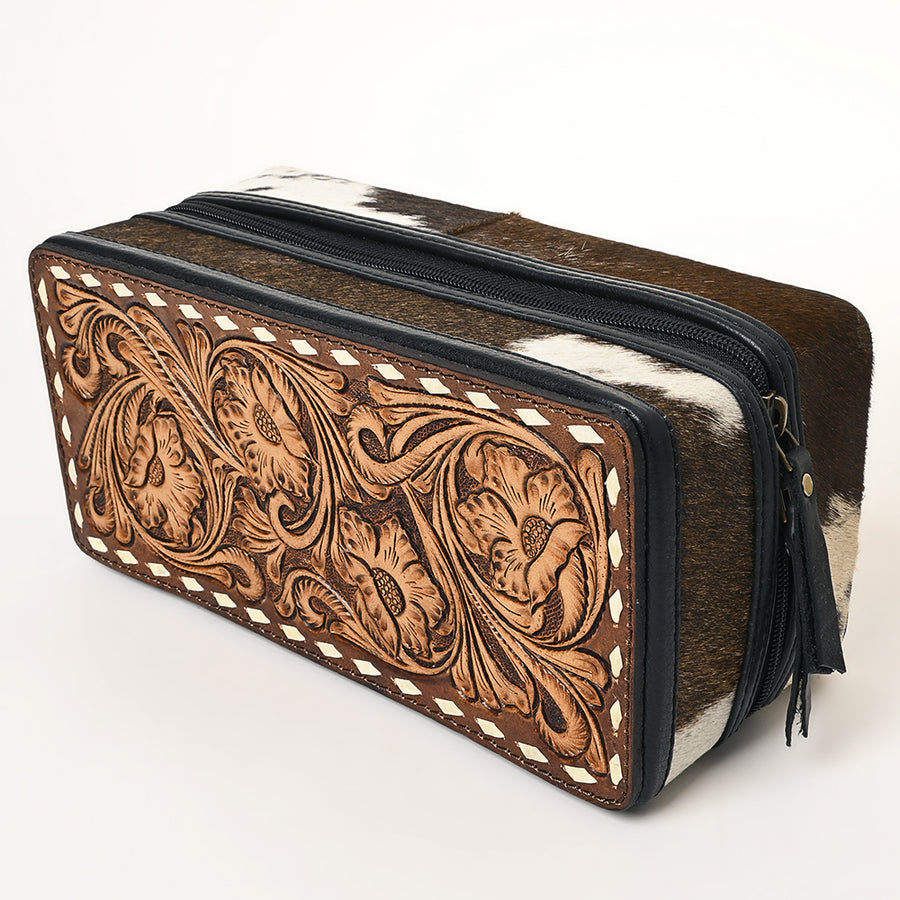 American Darling Hair-On Cowhide Hand Tooled Floral Carved Leather Jewelry Case Genuine Western Leather with YKK Zipper