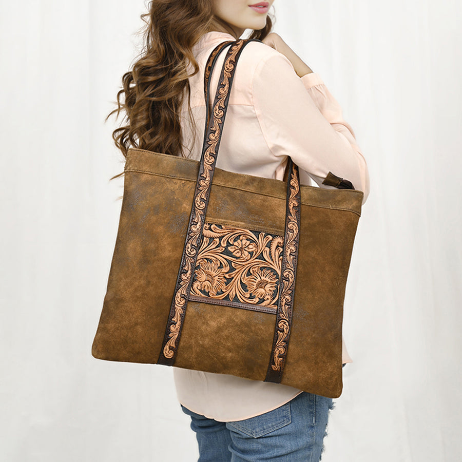 American Darling Leather Hand Tooled Floral Carved Tote Bag Eco-Friendly Vegetable-Tanned Genuine Leather Western Purse YKK Zipper
