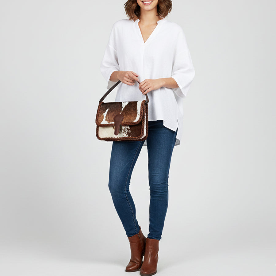 American Darling Shoulder Bag Western Hair-On Cowhide Genuine Leather Handcrafted Purse with Braided Trim and YKK Zipper
