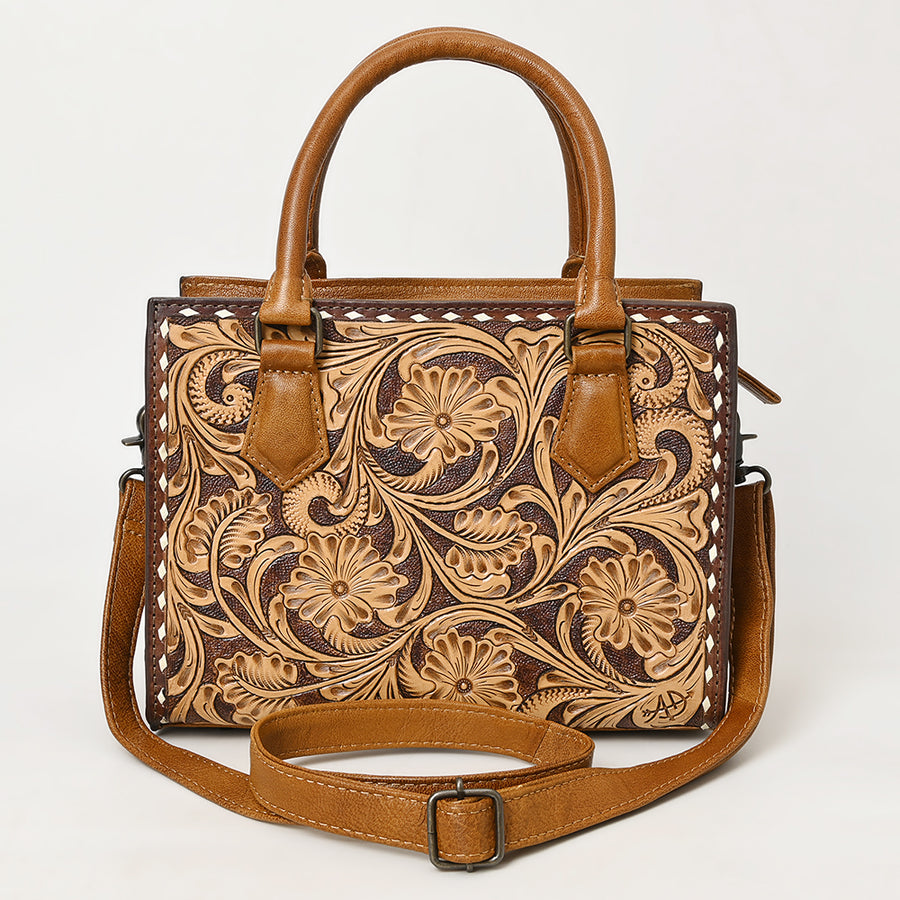 American Darling Western Mini Tote Handcrafted from Hand Tooled Genuine Leather | Floral Carved & Well Compartmentalized Handbag