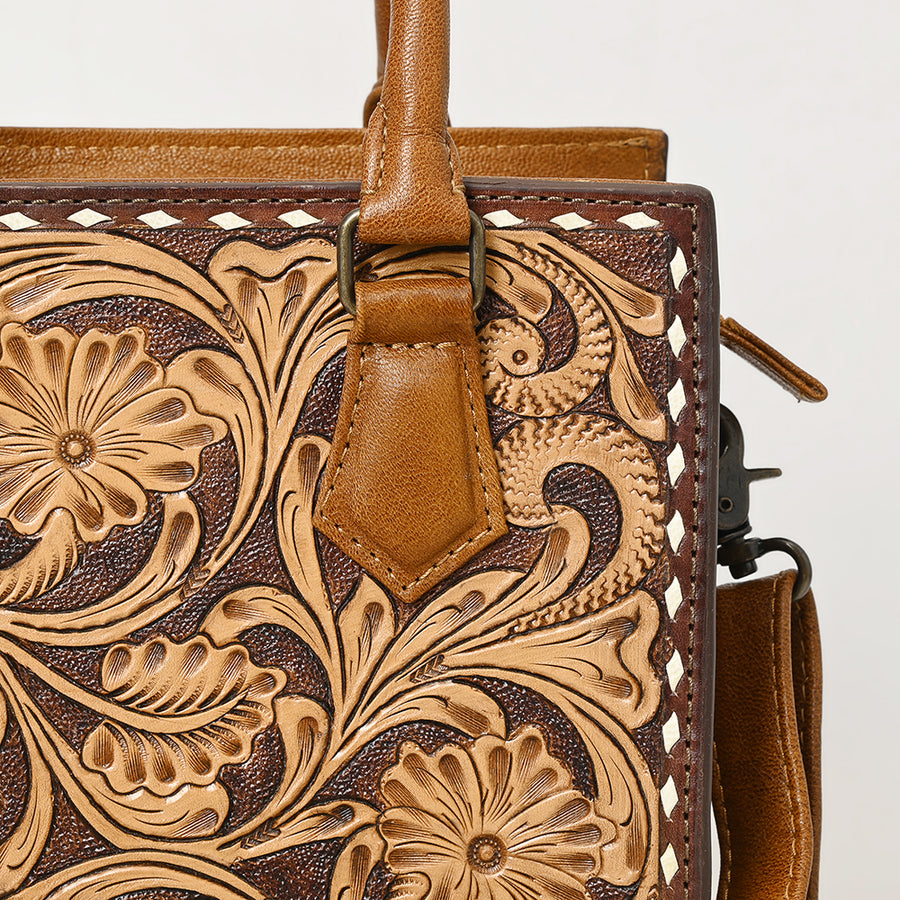 American Darling Western Mini Tote Handcrafted from Hand Tooled Genuine Leather | Floral Carved & Well Compartmentalized Handbag