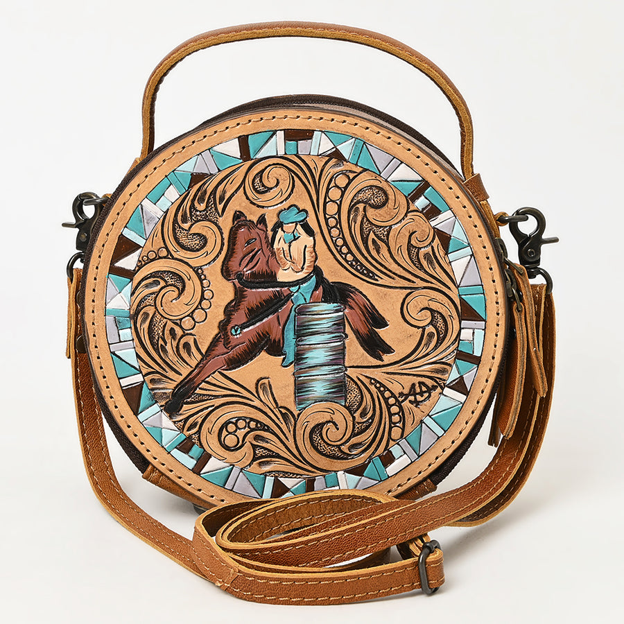 American Darling Western Round Canteen Bag Handcrafted from Tooled Genuine Leather | Barrel Racer Scene & Dual Compartment