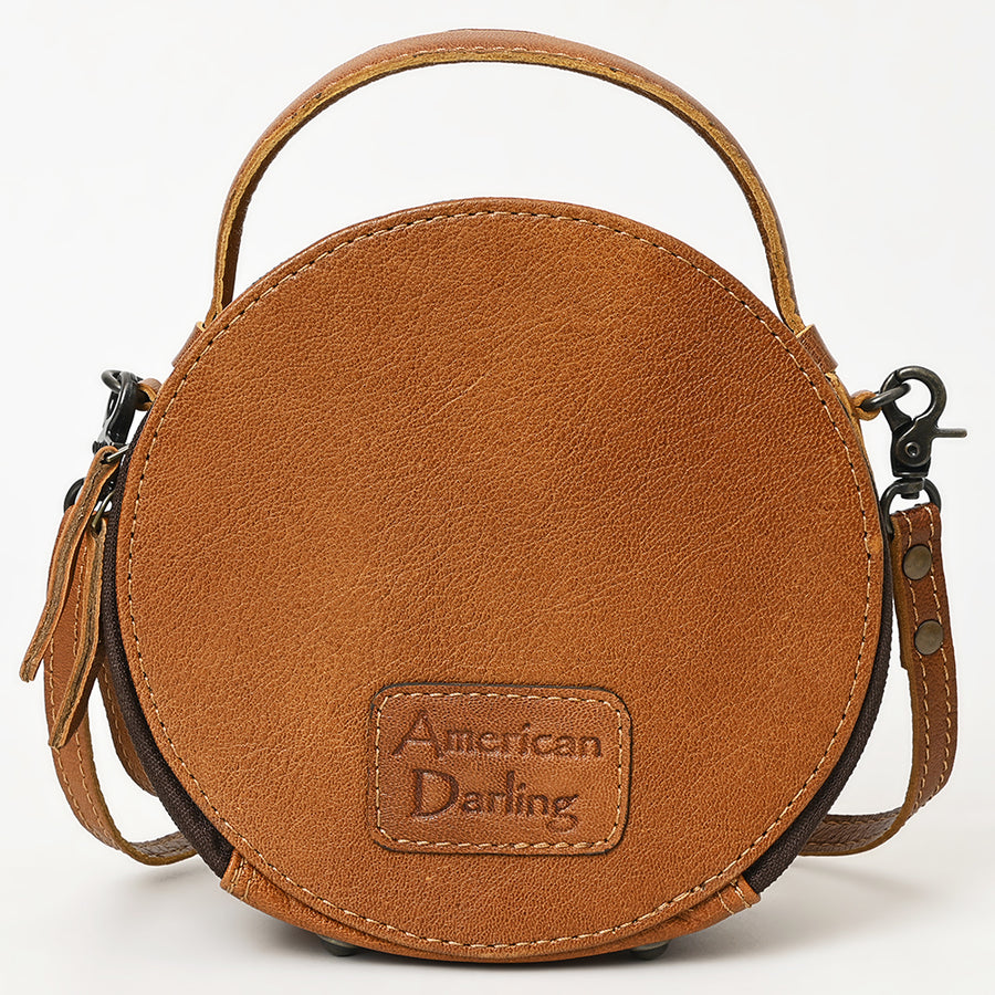 American Darling Western Round Canteen Bag Handcrafted from Tooled Genuine Leather | Barrel Racer Scene & Dual Compartment