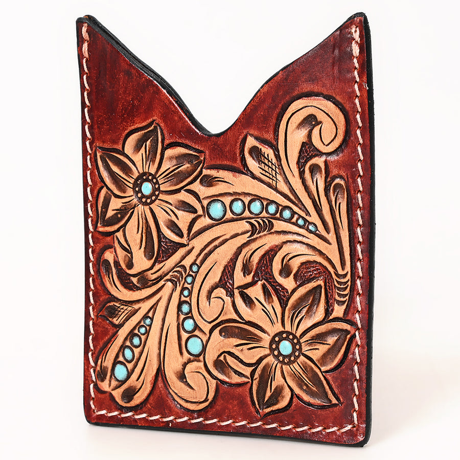 American Darling Floral Women and Men Hand Carved Genuine Leather Card Holder Turquoise / Brown - Uhorse