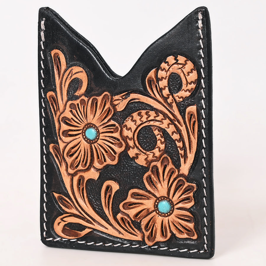 American Darling Floral Women and Men Hand Carved Genuine Leather Card Holder Black / Brown - Uhorse