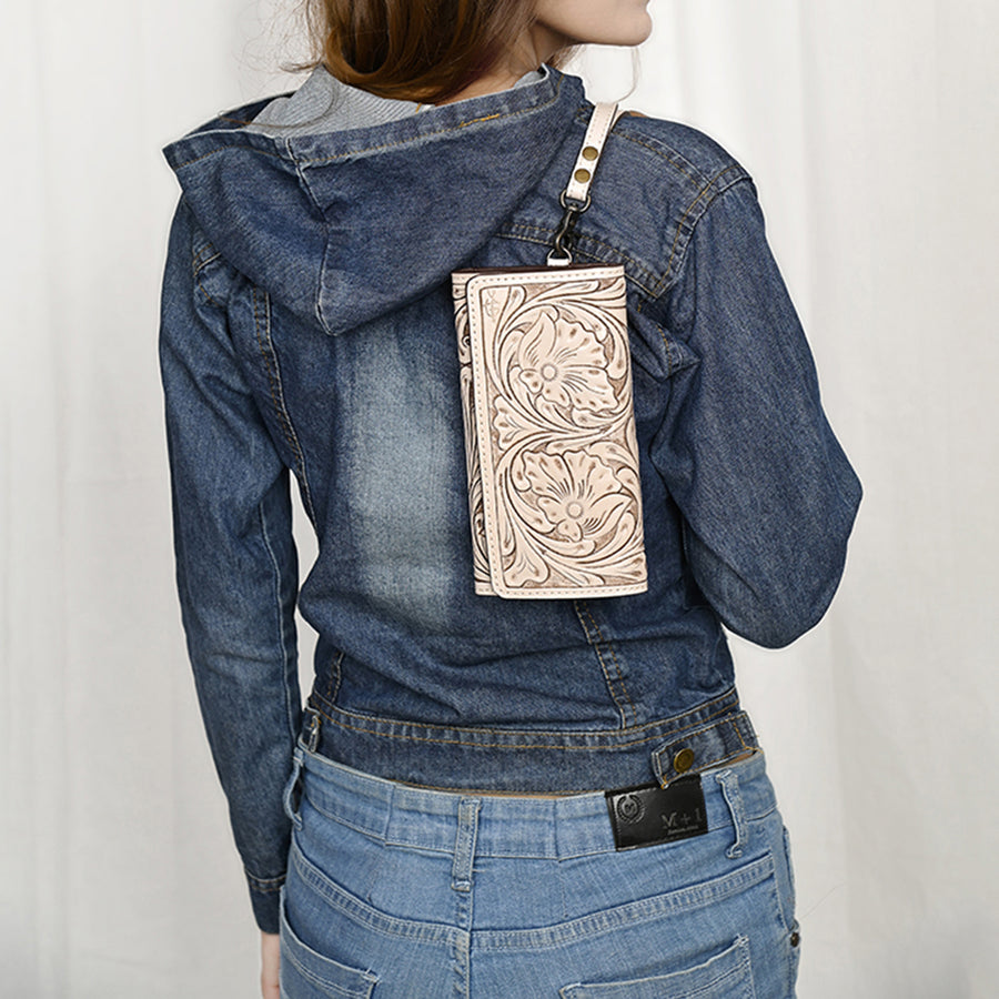 American Darling Western Leather Clutch Wallet Hand Tooled Floral Carved with Wristlet Strap