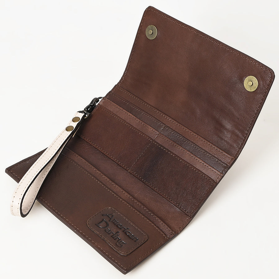American Darling Western Leather Clutch Wallet Hand Tooled Floral Carved with Wristlet Strap