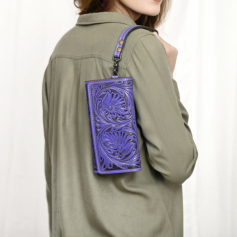American Darling Western Leather Clutch Wallet Hand Tooled Floral Carved with Wristlet Strap