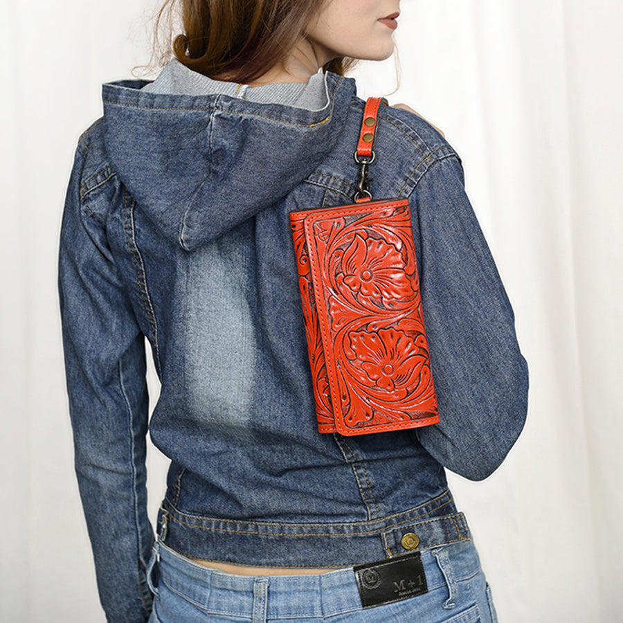 American Darling Western Leather Clutch Wallet Hand Tooled Floral Carved with Wristlet Strap