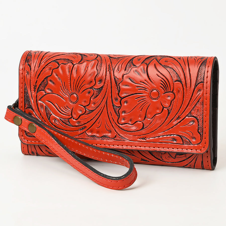 American Darling Hand Tooled Floral Leather Clutch with Wristlet Strap - Uhorse