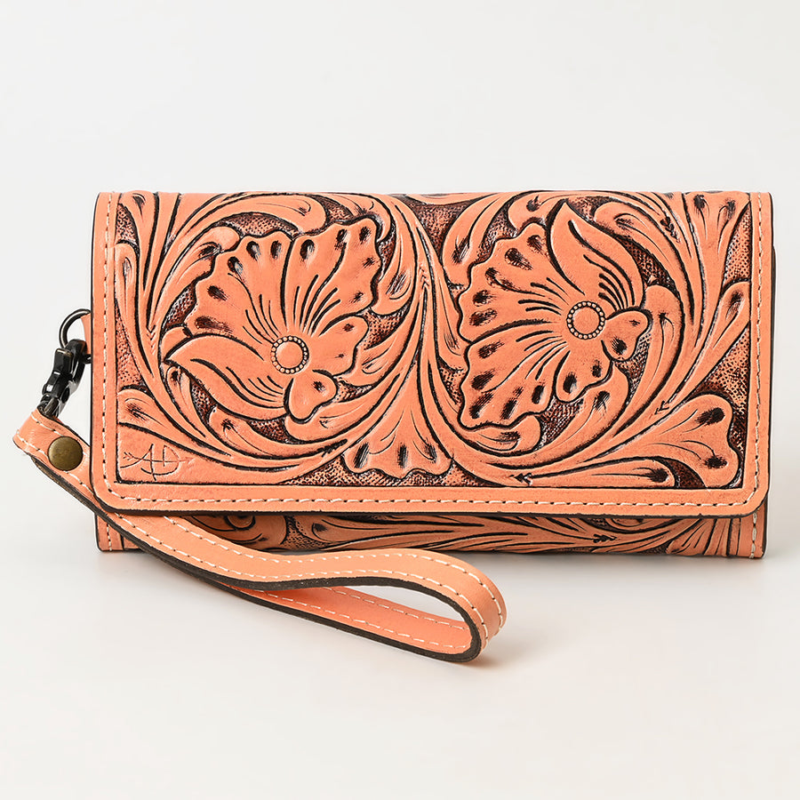 American Darling Western Leather Clutch Wallet Hand Tooled Floral Carved with Wristlet Strap