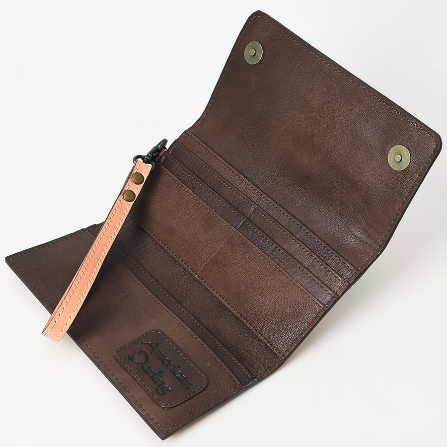 American Darling Western Leather Clutch Wallet Hand Tooled Floral Carved with Wristlet Strap
