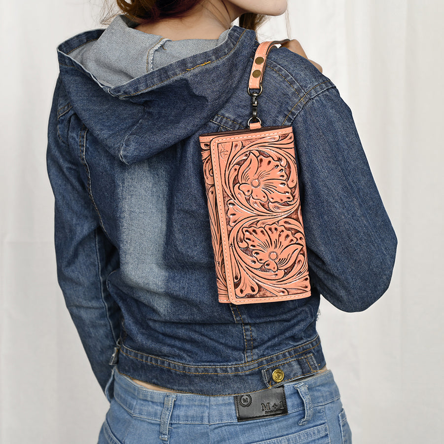 American Darling Western Leather Clutch Wallet Hand Tooled Floral Carved with Wristlet Strap