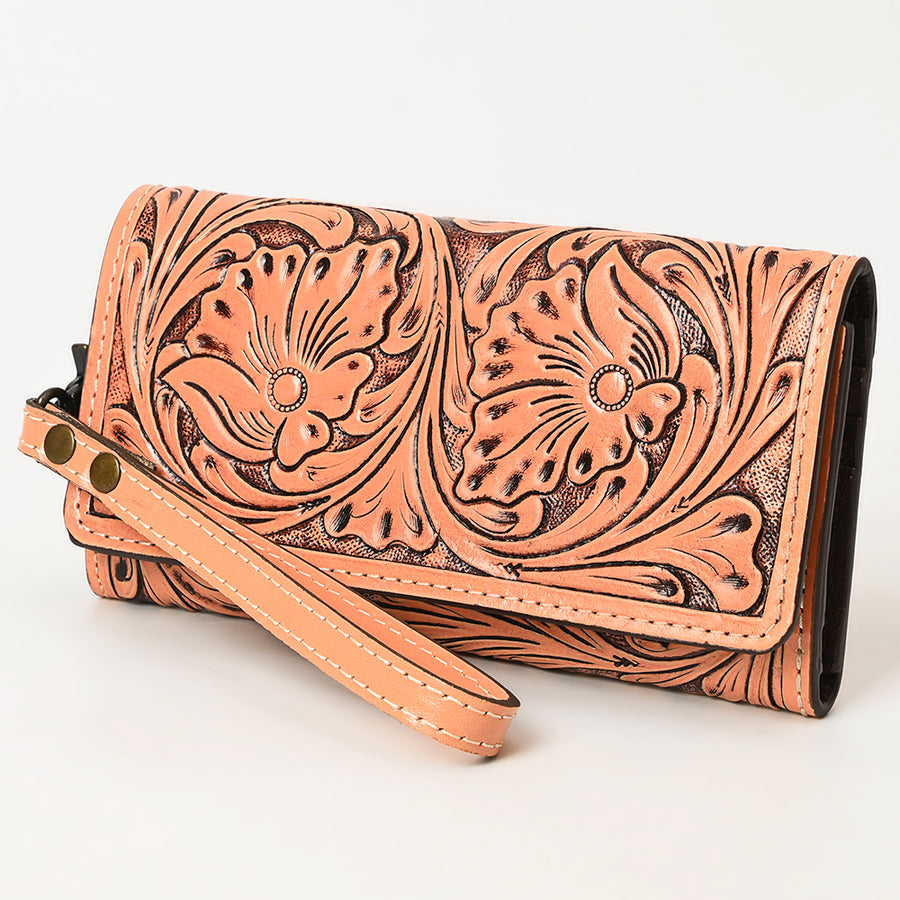 American Darling Hand Tooled Floral Leather Clutch with Wristlet Strap - Uhorse