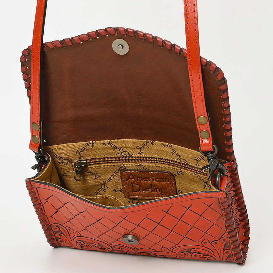 American Darling Western Leather Crossbody Bag Hand Tooled Floral Carved Shoulder Purse with Whipstitch Detail & Adjustable Strap for Women
