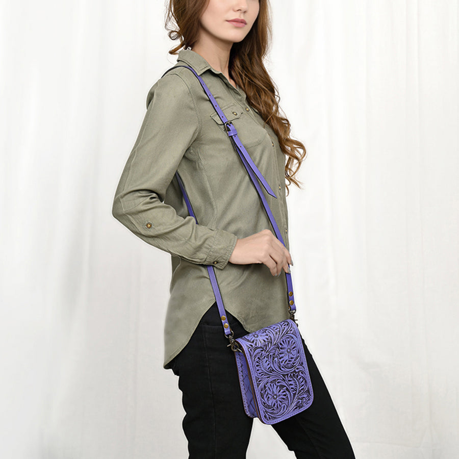 American Darling Western Leather Cell Phone Bag Hand Tooled Floral Carved Crossbody Purse with Adjustable Strap