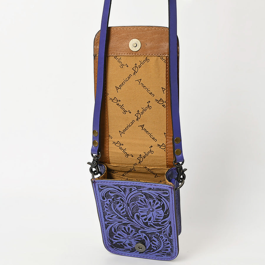 American Darling Western Leather Cell Phone Bag Hand Tooled Floral Carved Crossbody Purse with Adjustable Strap