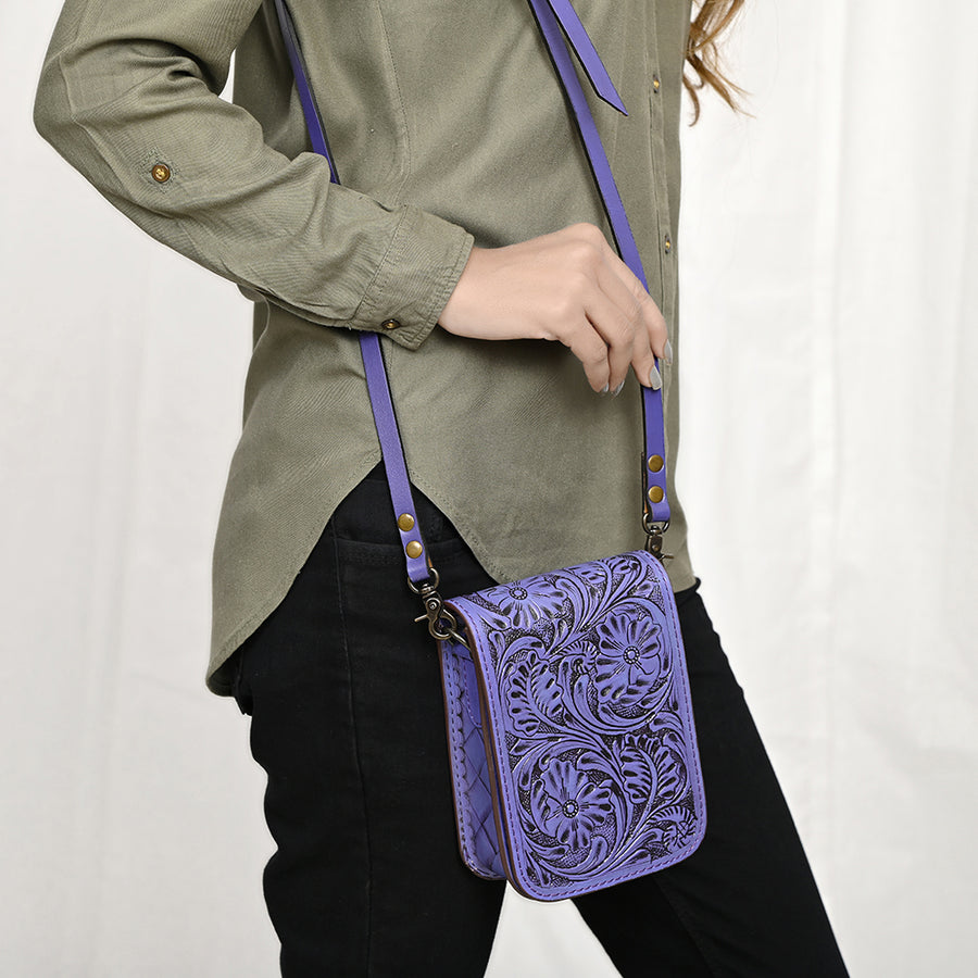 American Darling Western Leather Cell Phone Bag Hand Tooled Floral Carved Crossbody Purse with Adjustable Strap