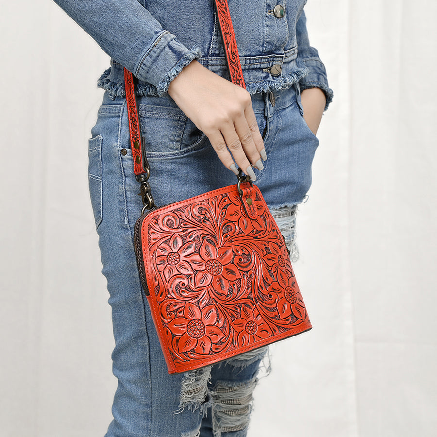 American Darling Western Leather Crossbody Bag Hand Tooled Floral Carved Purse with Adjustable Strap