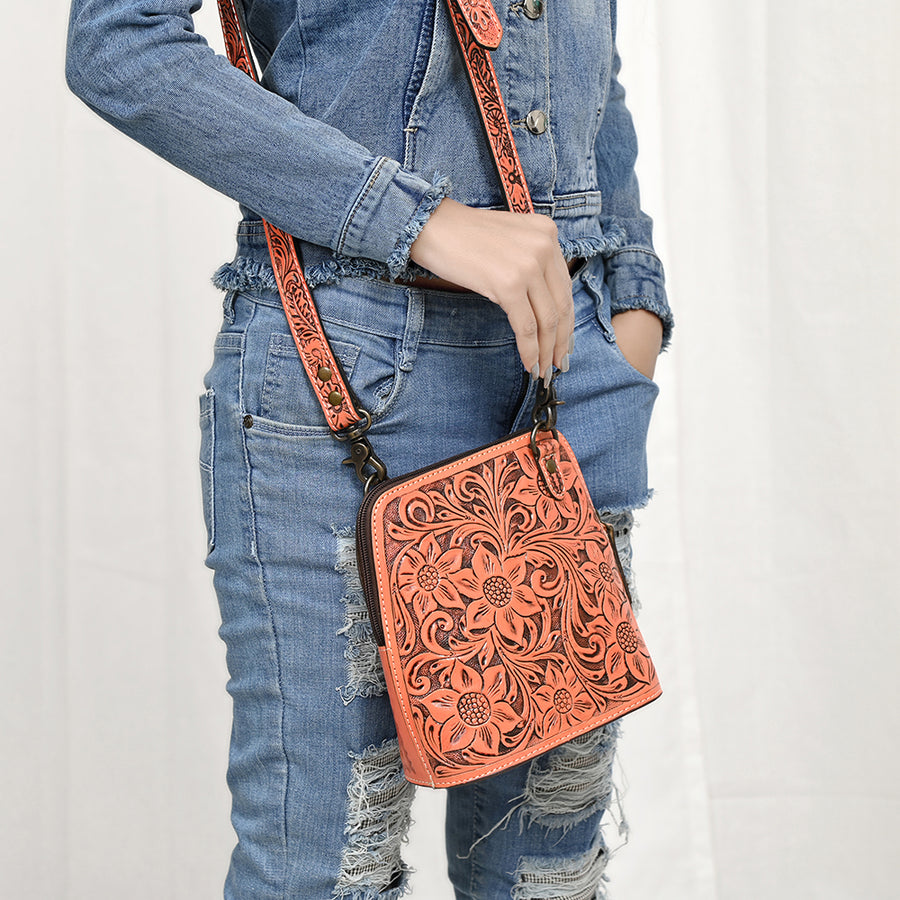 American Darling Western Leather Crossbody Bag Hand Tooled Floral Carved Purse with Adjustable Strap