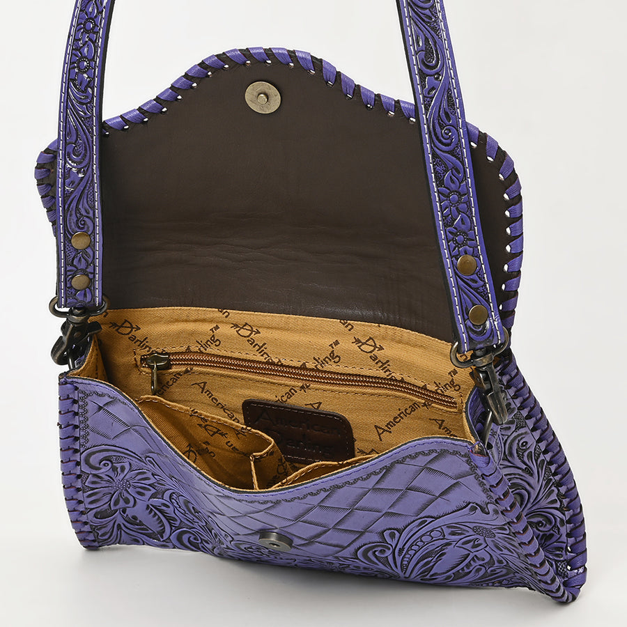 American Darling Western Leather Clutch Bag Hand Tooled Floral Carved Crossbody Purse with Whipstitch Detail