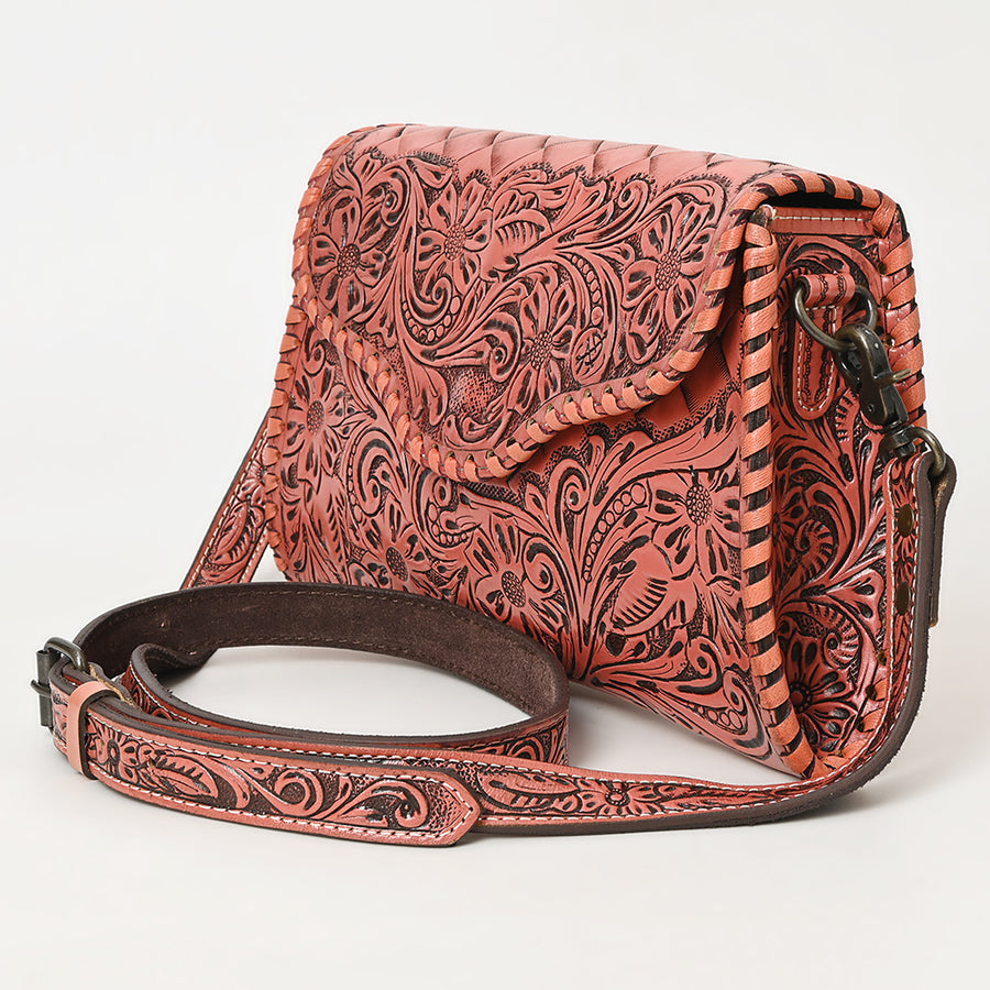 American Darling Western Leather Clutch Bag Hand Tooled Floral Carved Crossbody Purse with Whipstitch Detail