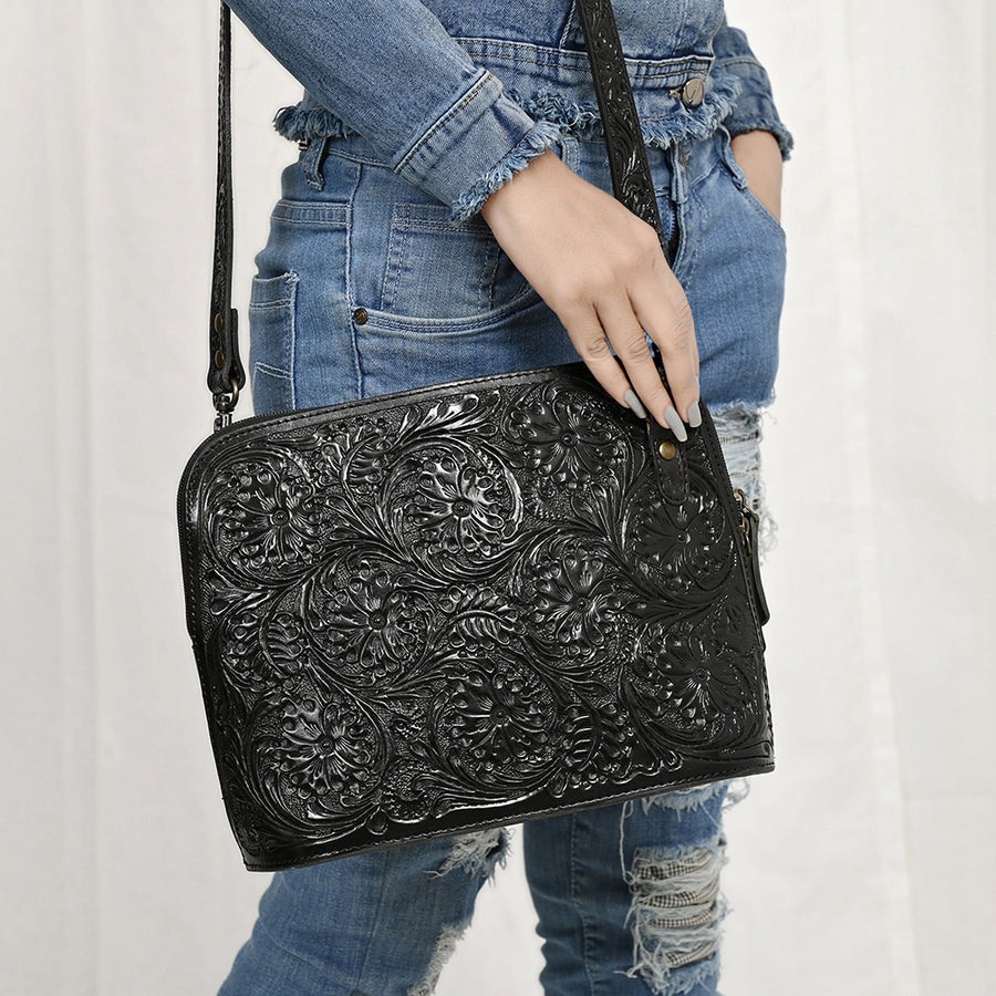 American Darling Western Crossbody Bag for Women Hand Tooled Floral Leather Purse with Adjustable Strap