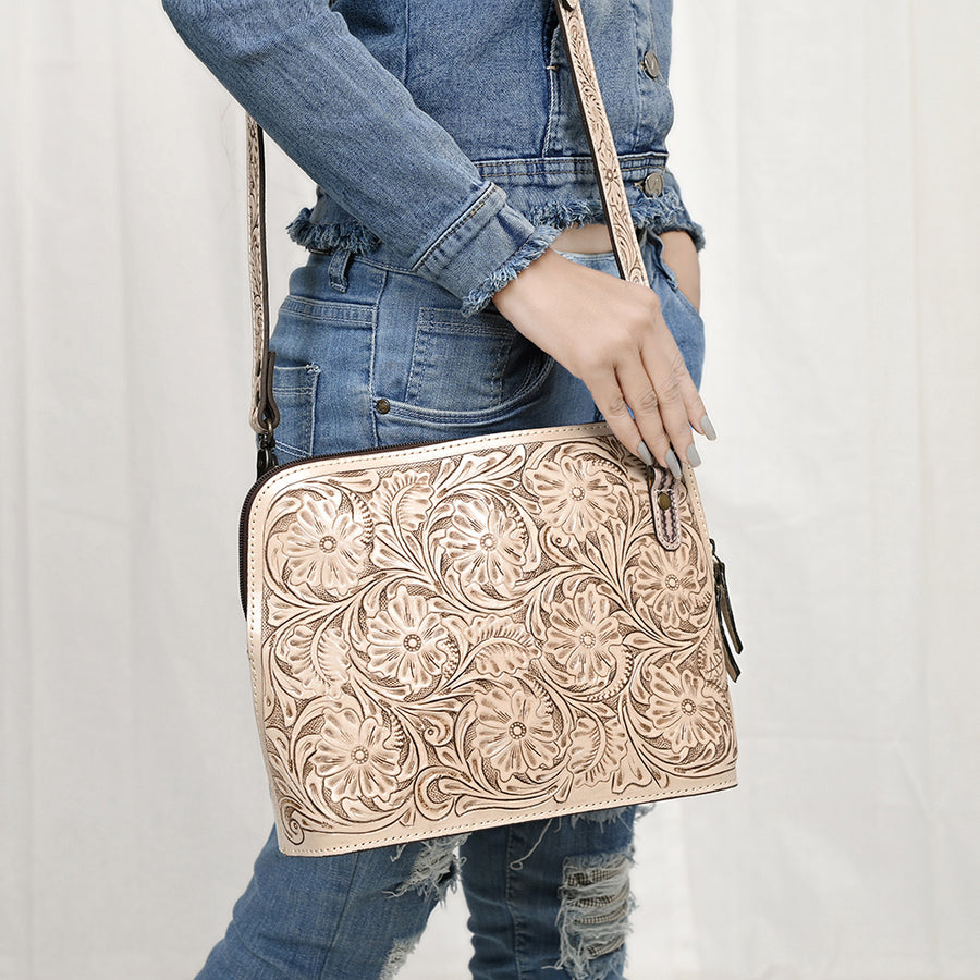 American Darling Western Crossbody Bag for Women Hand Tooled Floral Leather Purse with Adjustable Strap