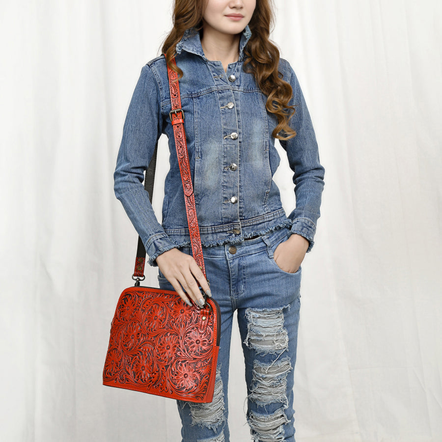 American Darling Western Crossbody Bag for Women Hand Tooled Floral Leather Purse with Adjustable Strap